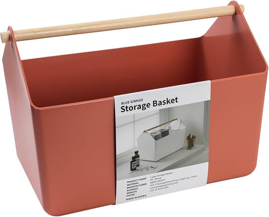 BLUE GINKGO Large Storage Basket – Plastic Caddy with Wooden Handle for Bathroom, Pantry, or Cleaning Supplies (Terracotta)-NeatNest