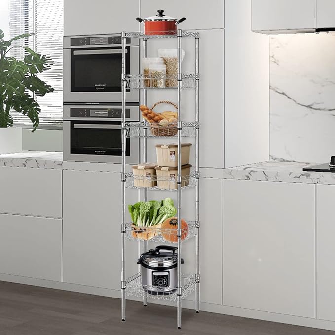 6 Tier Narrow Wire Shelving Unit with Basket, Adjustable Narrow Metal Shelf with Hooks, Tall Narrow Storage Shelves for Small Spaces, Bathroom, Laundry, Kitchen, 13.5"D X 13.5"W X 63"H, Silver