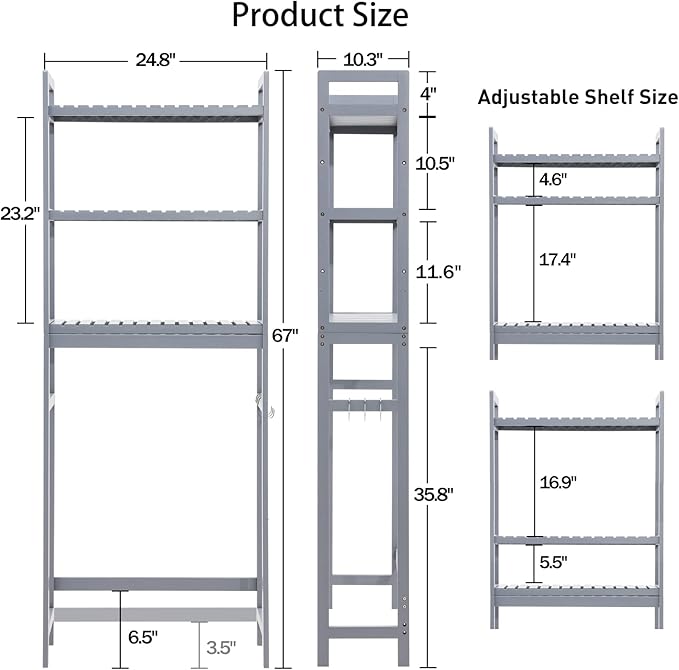 HITOMEN Over The Toilet Storage Cabinet, Bamboo Adjustable 3-Tier Above Toilet Shelf, Stable Freestanding Above Toilet Organizer with 3 Hooks for Bathroom Restroom Laundry Balcony, Grey 67" H
