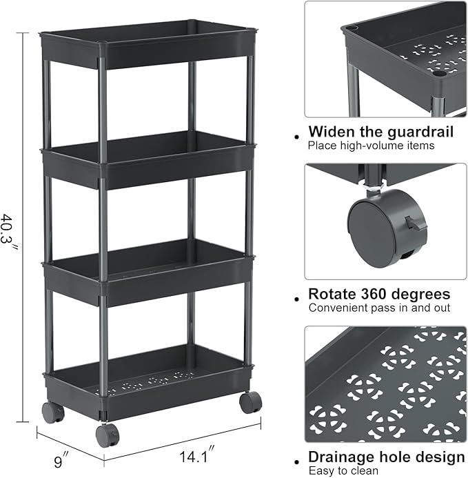 Sooyee 4 Tier Wide Storage Cart Mobile Shelving Unit Organizer Slide Out Storage Rolling Utility Cart Tower Rack for Kitchen Bathroom Laundry, Plastic & Stainless Steel,Black