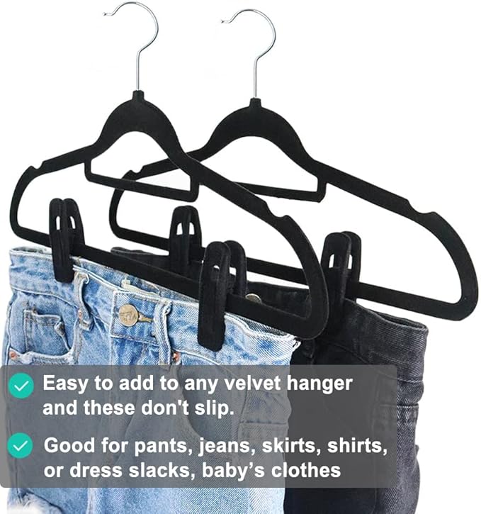 Black Velvet Hangers Clips 20 PCS, Non-Slip Velvet Clips for Suit Pant Skirt Hanger, Strong Finger Clips Perfect for Thin Flocking Hangers-NeatNest