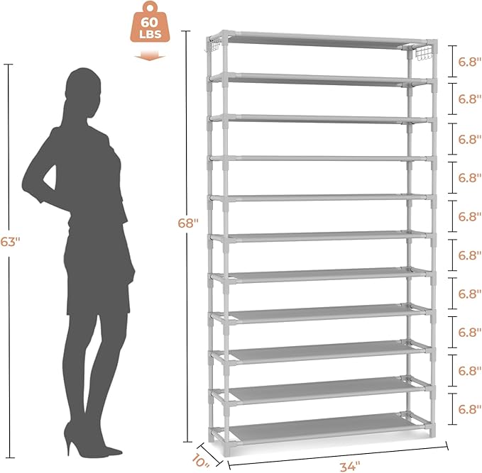 11 Tiers Tall Wide Shoe Rack 55 Pairs Large Capacity Sturdy Durable Shoe Rack for Closet Metal Shoe Organizer Shelf with Two Hooks Space Saving for Entryway Grey-NeatNest