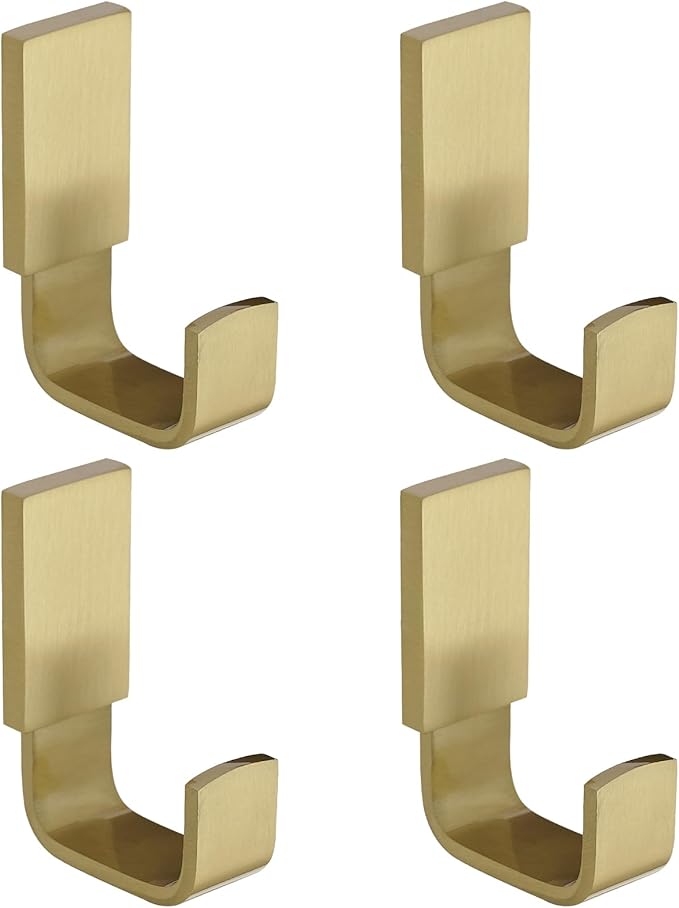 BESy Brass Clothes Hook Single Towel Hook for Bathroom Kitchen Garage Square Style Robe Hooks Coat and Hat Hook, Self Adhesive with Glue or Wall Mounted with Screws, Four Packs, Brushed Gold-NeatNest