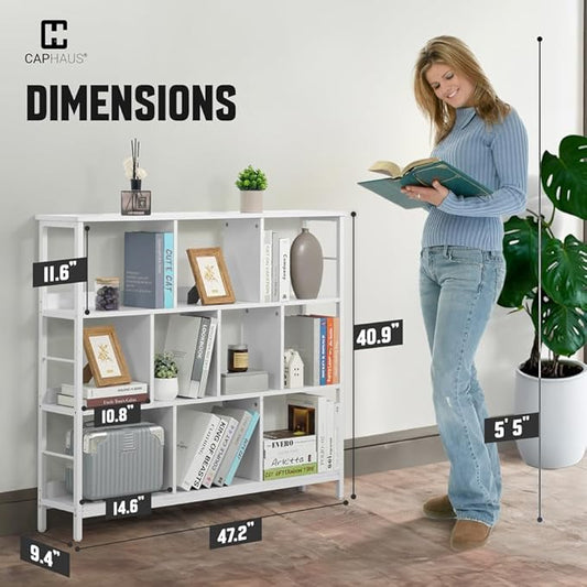 CAPHAUS 10 Cube Storage Organizer, 48” Wide 3 Tier White Industrial Open Shelf Bookcase, Display Shelf, Horizontal Bookshelf with Metal Frame, Wooden Board, for Living Room, Bedroom, Office-NeatNest