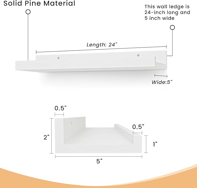 Floating Shelves for Wall, 24 inch Solid Wood Picture Ledge Shelf, Picture Shelf for Wall with Ledge, Floating Book Shelves for Living Room Bedroom Kitchen Nursery Decor, White, Set of 2-NeatNest