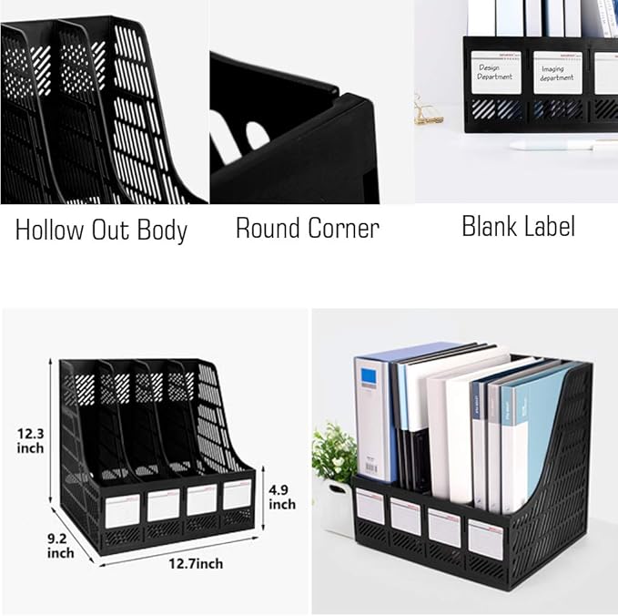 Lemical File Holder Desktop Filing File Box 4 Compartments Vertical File Organizer Magazine Rack Book Holder Frames Binder Holder for Home Office School (Black)