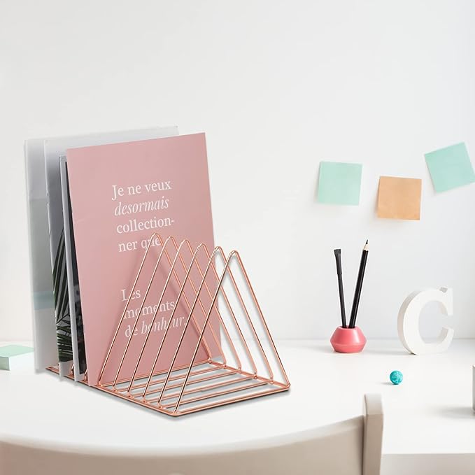 EASEPRES Rose Gold Magazine Holder, Desktop File Sorter Organizer Triangle 9 Slot Newspaper Record Storage Shelf Rack for Home Office Decoration