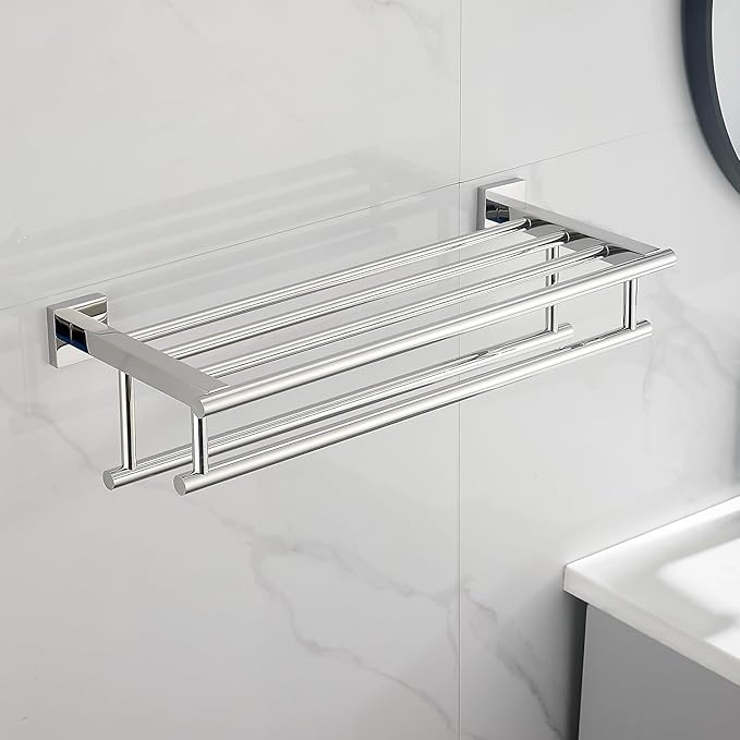 Bathroom Towel Rack 24 Inch Tower Holder with Double Towel Bar Polished Chrome Towel Rack Wall Mounted SUS304 Stainless Steel Hotel Towel Shelf Modern Towel Hanger