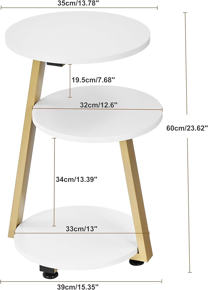 BEWISHOME Round End Table Side Table with Metal Frame, Accent Bedside Table Nightstand with 3-Tier Shelves, Small Couch Table for Living Room Bedroom White Gold KTZ41M-NeatNest