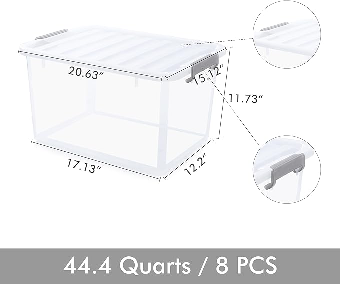 Citylife 44.4 QT Plastic Storage Bins with Latching Lids Stackable Storage Containers for Organizing Large Clear Storage Box for Garage, Closet, Kitchen, 8 Packs-NeatNest