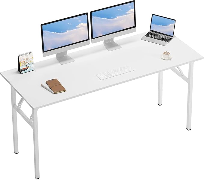 DlandHome Computer Desk 62 inches Office Desk Computer Table Study Writing Desk Workstation for Home Office Metal Frame No Install Needed White and White-NeatNest