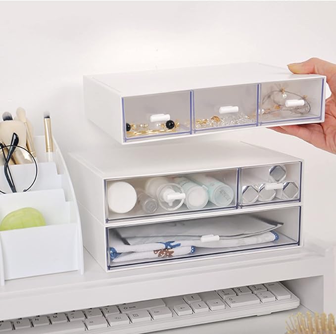 Desk Organizer-Stackable Storage Drawers, Plastic Compact Desk Storage Box Perfect for Collection Small Item/Cosmetic Office Organizer - 3 drawers (White)-NeatNest