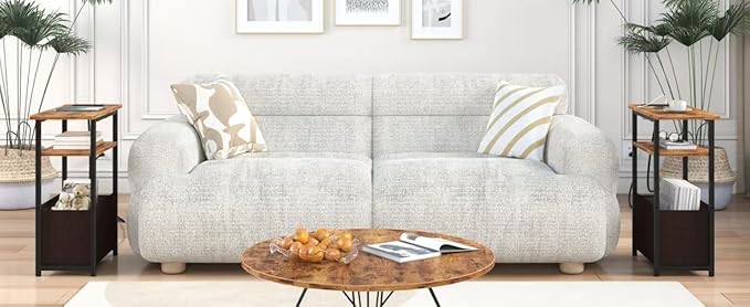 Narrow Side Table with Charging Station, Small End Table for Small Spaces, Skinny Nightstands with Storage Basket, 3 Tier Sofa Couch Bedside Tables for Living Room,Bedroom, Rustic Brown