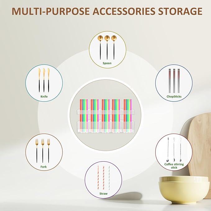9.8” Acrylic Straw Holder with Double Sided Adhesive Tape Reusable Tumbler Straw Organizer Storage Container for Counter Cabinet Cupboard Kitchen(Large)