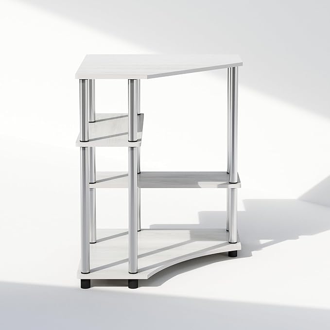 Furinno Turn-N-Tube Multipurpose Corner Shelf, Display Rack, Bookshelf, White Oak, Stainless Steel Tubes-NeatNest