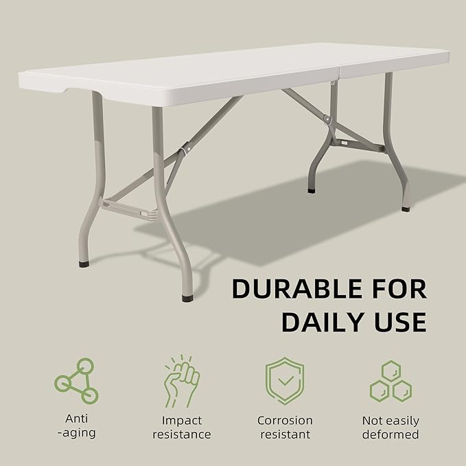 Folding Table 6 Foot - Heavy Duty 330LBS Capacity, Sturdy & Foldable Design with Safety Lock - Portable Tables Folding for Camping, Party, Indoor & Outdoor Use, 1 Pack-NeatNest