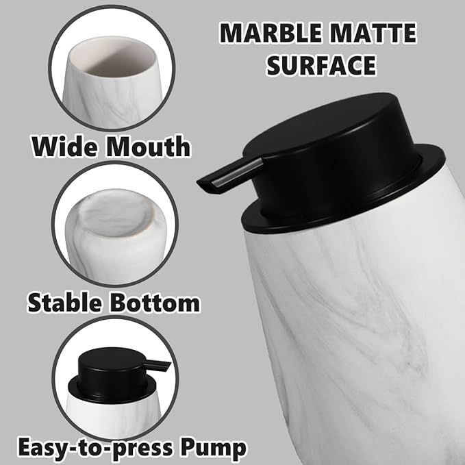 12Oz Ceramic Liquid Soap Dispenser - Modern Lotion Hand Soap Dispenser with Easy-to-Press Black Pump, Reusable and Refillable Dish Soap Dispensers for Bathroom & Kitchen, Marble White-NeatNest