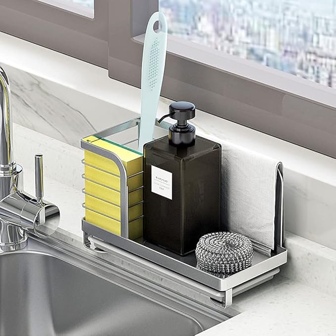 Countertop Dish Soap Holder, Kitchen Sink Caddy Organizer,Sponge Holder for Sink, Stainless Steel Sponge Soap Brush Holder with Drain Pan-NeatNest