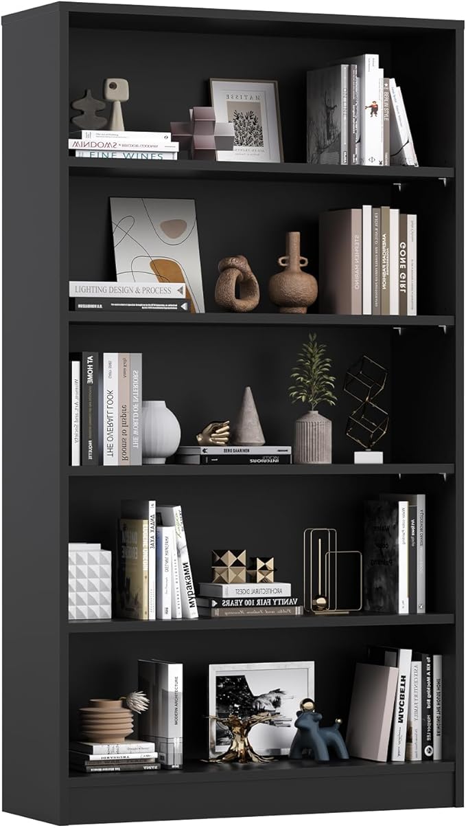 Farini 60 Inch Tall 5-Shelf Bookcase, Wood Bookshelf Storage Organizer Adjustable Shelf for Home Office, Study Room, Easy Assembly,Black