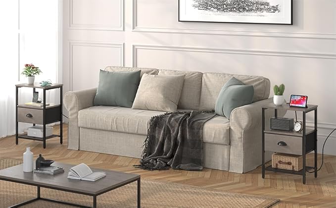 Nightstands Set of 2, Night Stands with Charging Station and Fabric Drawer, Grey Bedside Tables with Drawer, 2- Tier Side Table with Storage, Nightstands with Charging Station,Grey