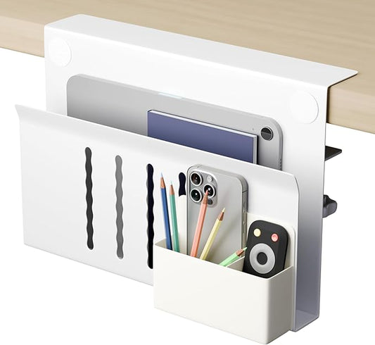 Desk Side Storage Under Desk Laptop Holder, No Drill Hanging Desk Organizer with Pen Holder, Clamp-On Table Side Tray Desktop Organization Mount for Office and Home (White)-NeatNest