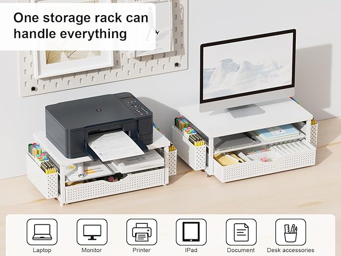 gianotter Wood Monitor Stand Riser, Office Desk Shelf Organizer, Desk Organizer with Drawer and Pen Holder, 2-Tier Computer Stand, Office Organization (Matte White)-NeatNest