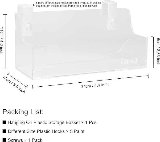 Bedside Caddy Hanging Storage Basket Little Size Plastic Beside Shelf Hang-on Storage Organizer for Collage Dorm Bunk Bed,Changing Table - Bedroom Essentials for Phone,Mini Speaker,Tissues (Clear)-NeatNest