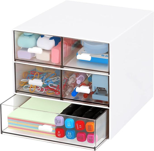 Desk Organizer with 5 Drawers, Rectangular Office Stationery Supplies Desktop Drawers, Plastic Makeup Storage, Suitable for Office, School, Home (White & 5 Drawers)-NeatNest