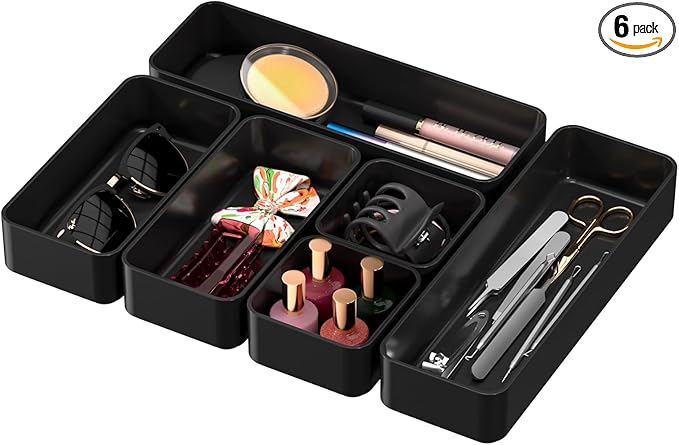 CHANCETSUI 6 PCS Stackable Drawer Organizers Set, Versatile Desk and Vanity Drawer Organizer Trays, Storage Bins for Makeup, Bathroom, Bedroom, Kitchen and Office, Black-NeatNest