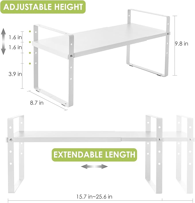 Expandable Cabinet Shelf Organizer Rack, Stackable Kitchen Counter Storage Shelves Stand, Adjustable Height Pantry Shelf Spice Rack (White, 1 Pack)-NeatNest