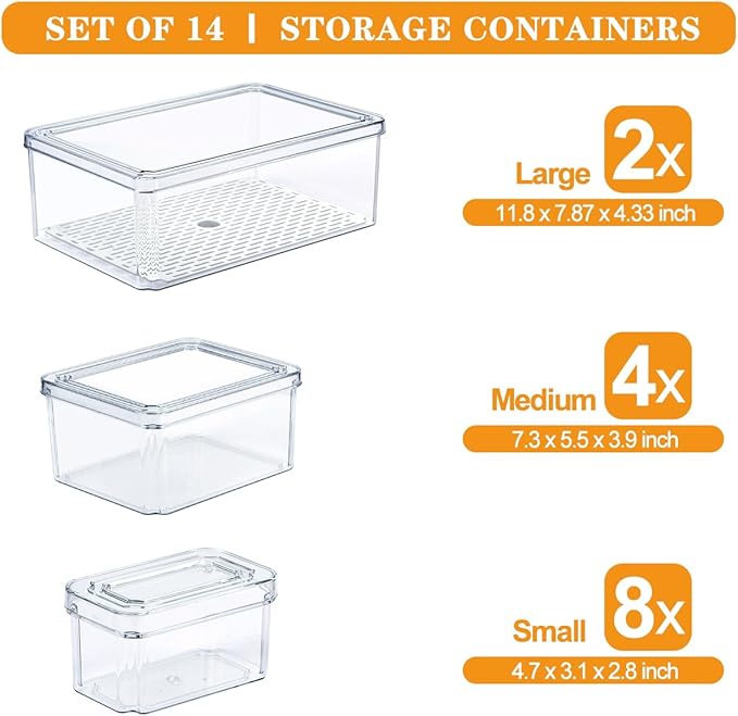 14 Pack Fridge Organizer, Stackable Refrigerator Organizer Bins with Lids PBA-Free, Clear Fridge Organizers and Storage for Kitchen, Countertops, Cabinets, Fridge, Drinks, Fruits, Vegetable, Cereals