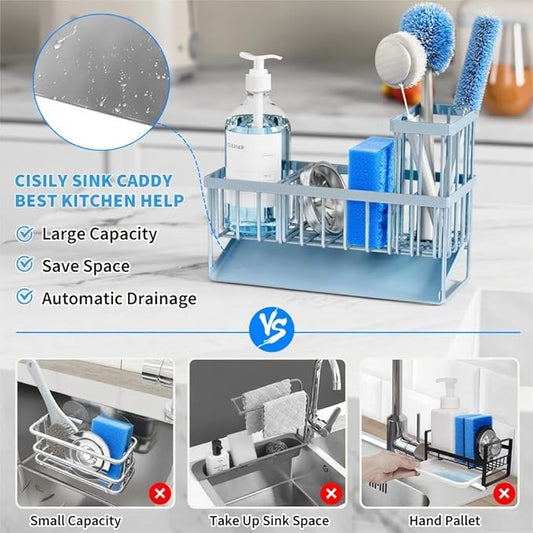 Cisily Sink Caddy Organzier with High Brush Holder, Sponge Holder for Sink, 304 Rustproof Stainless, Kitchen Countertop Soap Dispenser Organizer, Gray Blue Kitchen Decor and Accessories-NeatNest