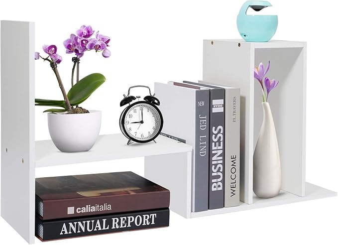 Desk Shelf, Adjustable Desktop Storage Organizer, Wood Display Shelf Rack, Office Supplies Desk Organizer,White-NeatNest