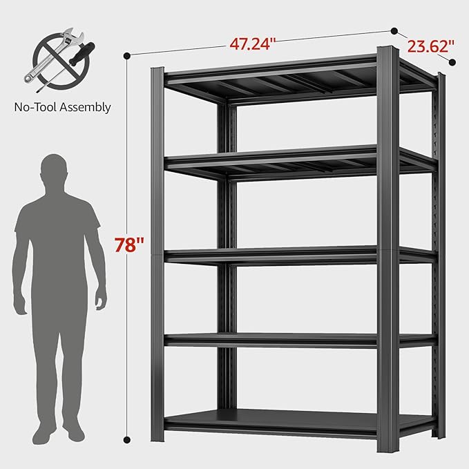 78" H Metal Garage Storage Shelves, 5 Tier Adjustable Shelving Unit for Warehouse, Office, Kitchen, Flower Stand, Living Room, Laundry Room, 47.24" W x 23.62" D, Load 2500 LBS, Black