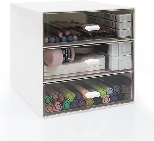 Desk Organizer with Drawer, Desk Storage Box, Plastic Office Stationery Supplies Organizers, Desktop Organizer for Office School Home (3 drawer, White)-NeatNest