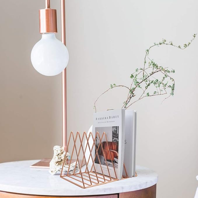 EASEPRES Rose Gold Magazine Holder, Desktop File Sorter Organizer Triangle 9 Slot Newspaper Record Storage Shelf Rack for Home Office Decoration