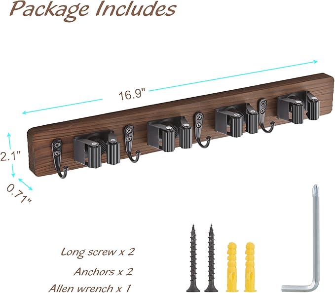 Mop and Broom Holder Wall Mount - Rustic Wood Broom Mop Hanger - Wall Mounted Garden Tool Rack Organizer for Closet Garage Laundry Room Kitchen Decor With 4 Slots & 4 Hooks-NeatNest