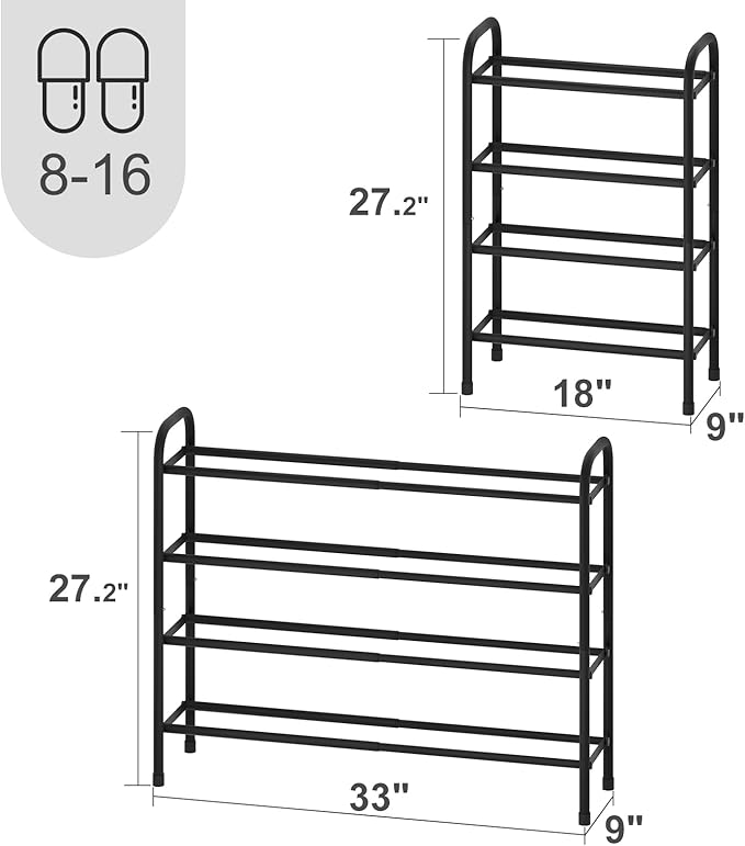 Expandable Shoe Rack, Adjustable Shoes Organizer Metal, Space-Saving Storage Shelf for Closet, Entryway, Front Door & Hallway,Sturdy and Easy Assembly (Black, 4-Tier)