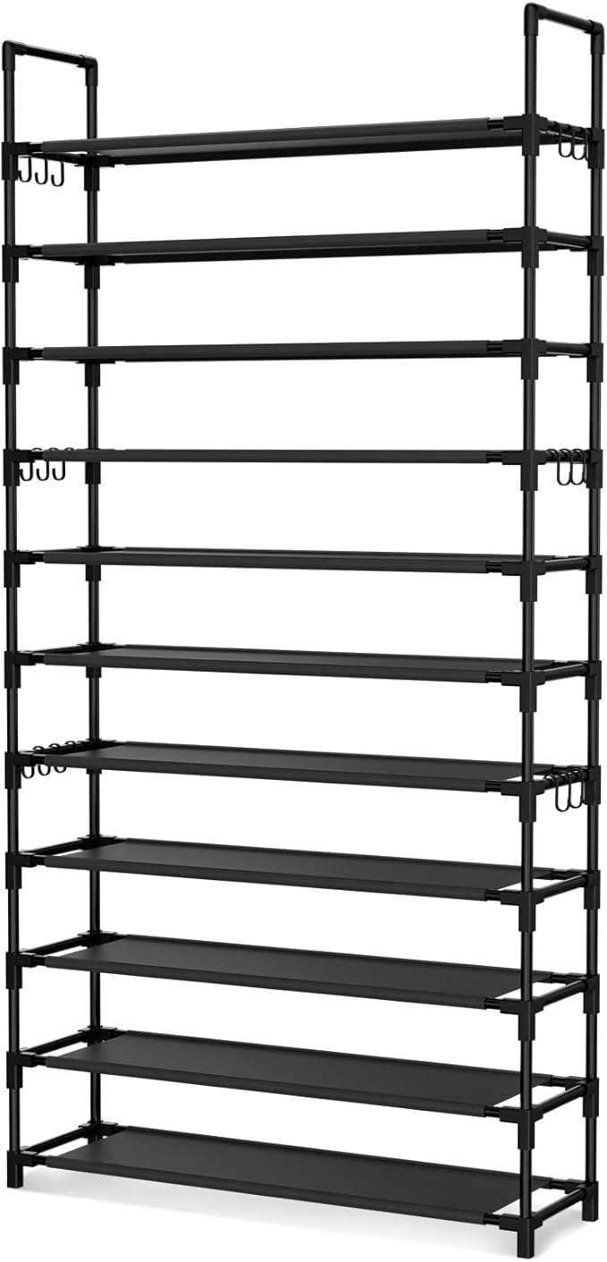 11 Tiers Tall Shoe Rack Holds 55 Pairs of Shoes with 18pcs Hooks Sturdy Wide Shoe Organizer Storage Free Standing Metal Shoe Shelf for Closet, Entryway Black-NeatNest