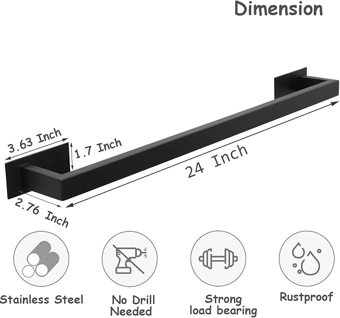 Bathroom Towel Bar Self Adhesive, No Drilling Towel Rack Easy to Install, Hand Towel Holder Made of Premium Stainless Steel Sticky on Hand Towel Hanger for Kitchen, Toilet.(24IN, Black)-NeatNest