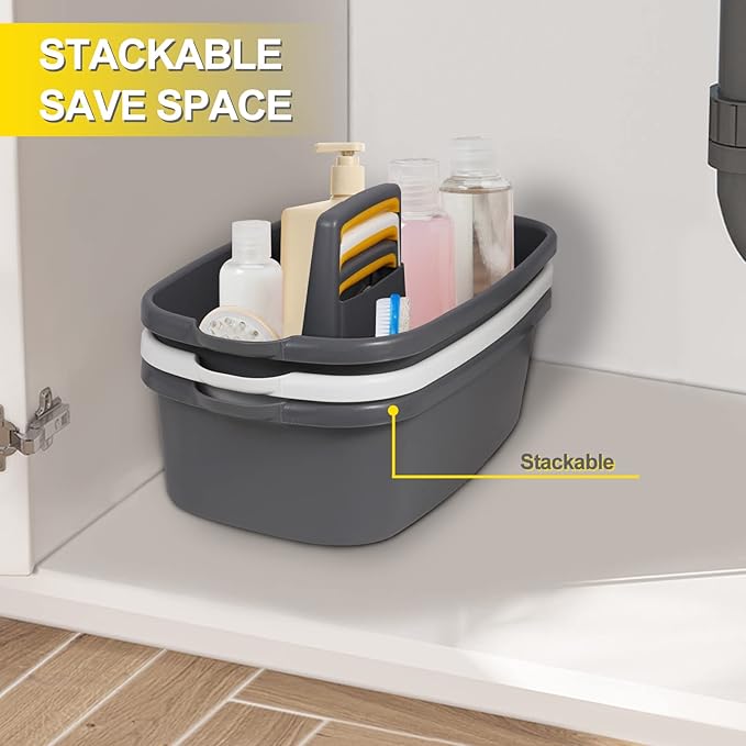 Cleaning Supplies Caddy Organizer with Handle Plastic Tool Storage Basket for bathroom, Kitchen, Under Sink,2 Pack with 2Pack Microfiber Cleaning Cloths,Gray