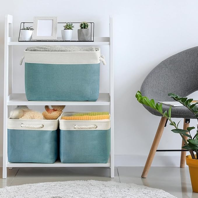 TheWarmHome Organization and Storage basket for Organizing - 3 Pack 16x12x12 inch Cube Storage Bin for Shelves, Fabric Storage Cubes for Organizer Cloth Closet Toy Box (White & Green)-NeatNest