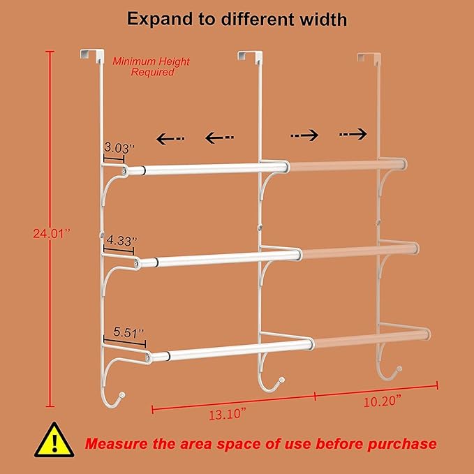 AULEDIO Adjustable Over The Door Triple Towel Rack with Hooks,White