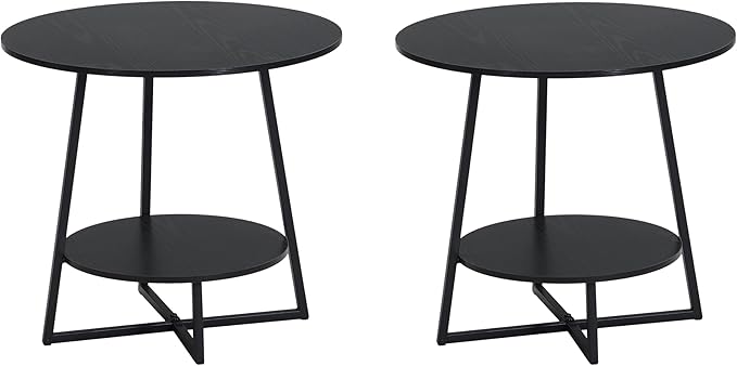 D&H FURNIMMT 20" Living Room Side Table Set of 2 for Small Spaces, 2 Tier Wood Top Round End Tables with Storage Shelf, Accent Sofa Table for Bedroom, Office, Sunroom, Balcony, Black-NeatNest