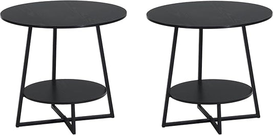 D&H FURNIMMT 20" Living Room Side Table Set of 2 for Small Spaces, 2 Tier Wood Top Round End Tables with Storage Shelf, Accent Sofa Table for Bedroom, Office, Sunroom, Balcony, Black-NeatNest