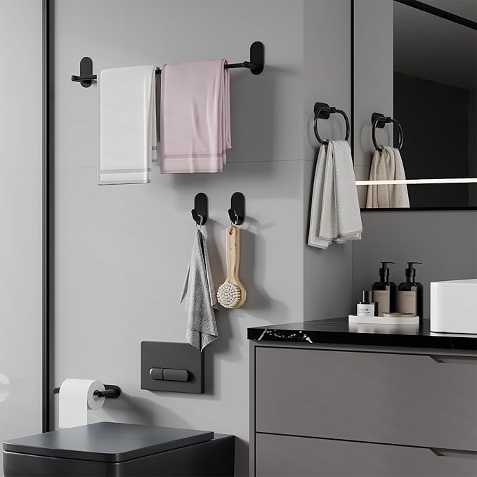 Adhesive Towel Hooks for Bathrooms 4 Pack Matte Black Stainless Steel and Zinc Alloy Sticky Wall Hooks for Hanging Heavy Duty Self Adhesive Robe Shower Hanger for Kitchen, Closet, Cabinet, Door