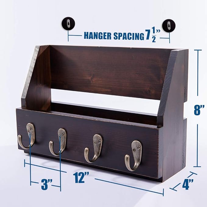 Flintar Wall Mount Key and Mail Holder with 4 Hooks. Made in Taiwan, Solid Wood. Use as Key Rack, Entryway or Mudroom Organizer, Mail & Bill Sorter, Magazine Holder (Walnut)