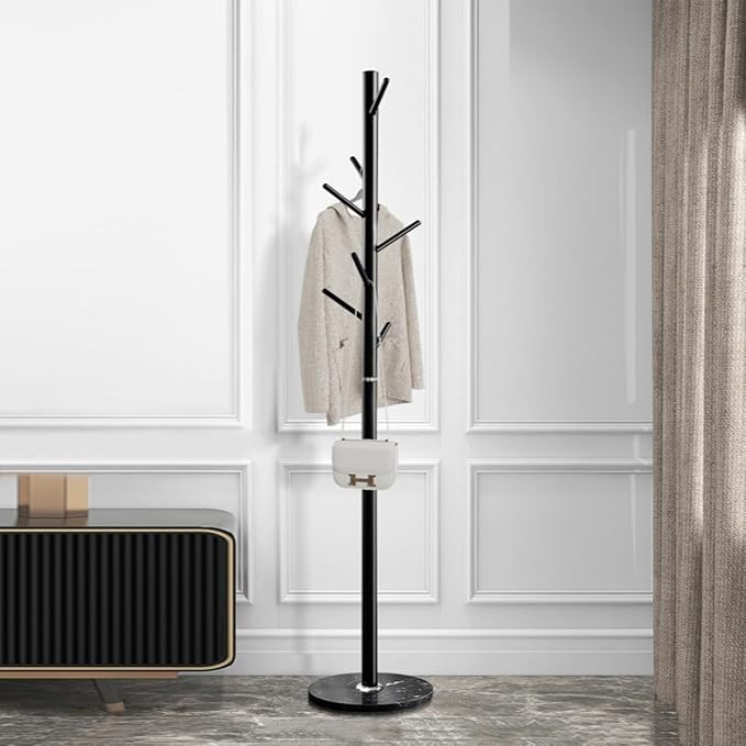 Kertnic Metal Coat Rack Stand, Free Standing Coat Rack with Stable Marble Base, High-Grade Coat Tree with 7 Hooks Metal Hall Tree Bedroom Floor Hat & Clothes Hanger (Black)-NeatNest