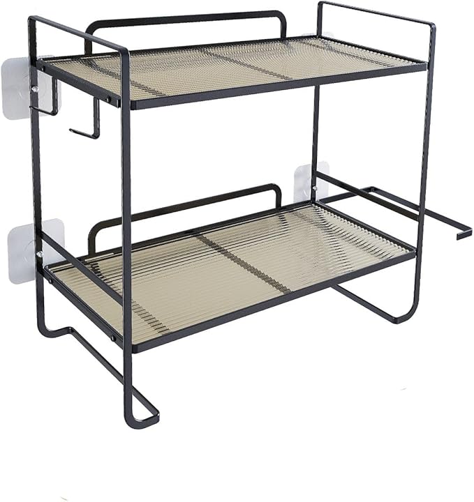 2-Tier Over Toilet Storage Rack, Gold Metal Bathroom Organizer Shelf, Toilet Tank Topper with Side Hooks (Black, 2L)-NeatNest