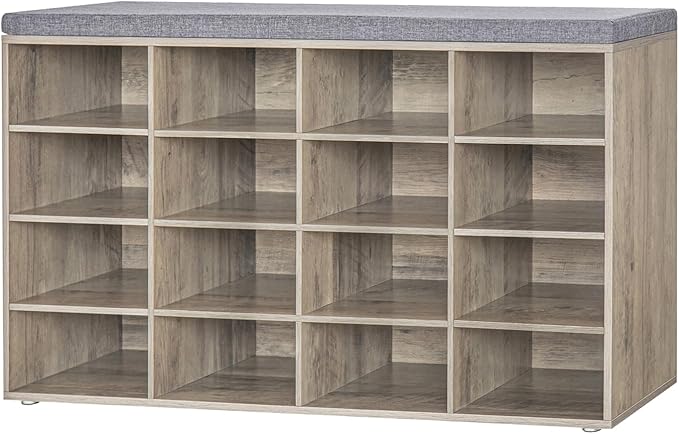 DINZI LVJ Shoe Storage Bench with Cushion, 16-Cubby Shoe Rack, Adjustable Shelves, Multifunctional Shoe Organizer Bench for Entryway, Mudroom, Hallway, Living Room, Bedroom and Garage, Greige-NeatNest